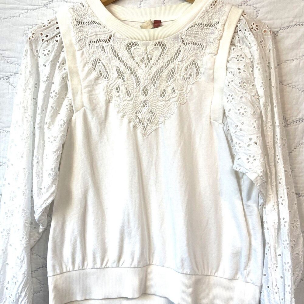 Anthropologie Cream Cotton Crochet Blouse SZ S